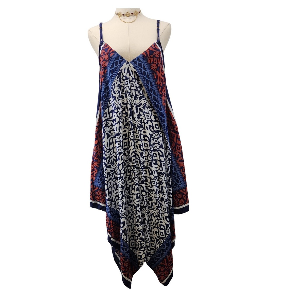 Tommy Bahama Navy/Rust Geometric Scarf‎ Print Handkerchief Hem Midi  L/XL